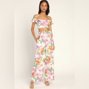 Lulus two-piece white floral pant set